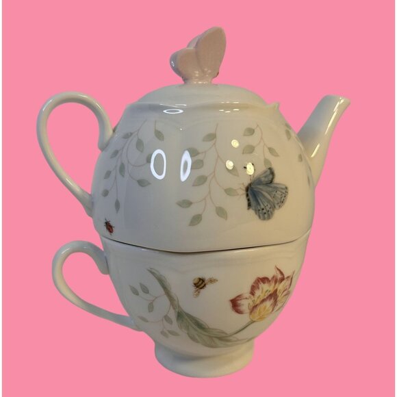 Lenox Butterfly Meadow Individual Stackable Porcelain Teapot & Lid With Teacup - Picture 3 of 12